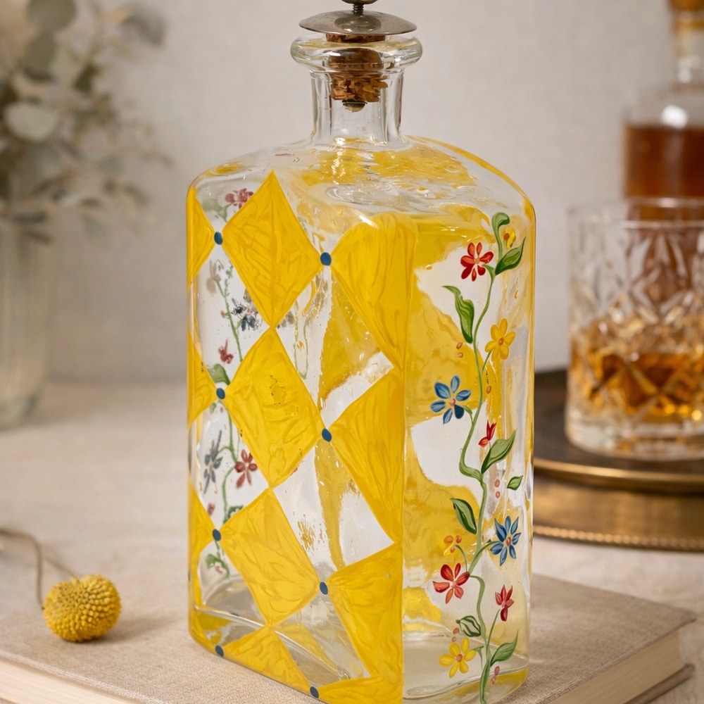 Vintage Hand-Painted Thick Glass Decanter Yellow Harlequin Floral Stopper